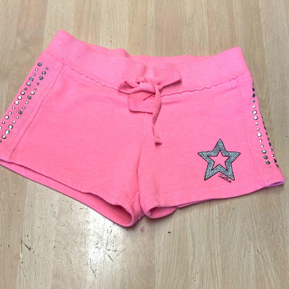 Justice Girls 8 Pink Ribbon Drawstring Shorts W/ Glittered Star Metal Beads